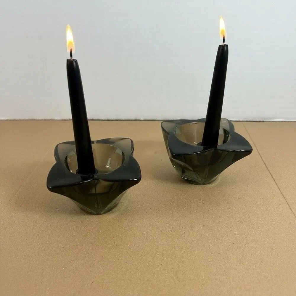 Vintage Black Gray Smoke Glass Candle Holders Pair 3” Wide Square Retro Decor